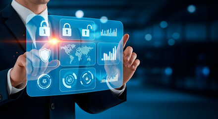 Person interacting with digital security interface with locks and charts