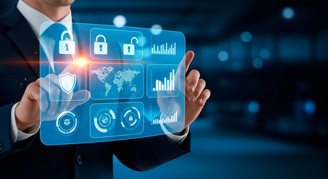 Person interacting with digital security interface with locks and charts - Powered by Adobe