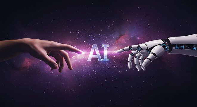 Human finger touching a robotic hand with the word ai in between, set against a cosmic background, representing the dawn of artificial intelligence