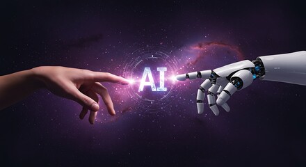 Human hand and robot hand reaching towards each other with the letters ai in between, symbolizing artificial intelligence and technology