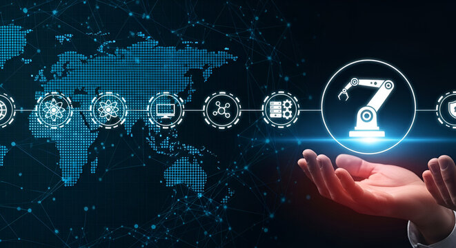 Hands holding robotic arm icon over world map network