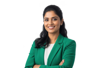 Professional young woman with dark hair wearing a green blazer smiling confidently isolated on transparent background