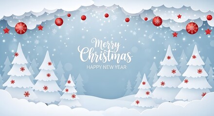 Whimsical winter wonderland christmas scene with snow covered trees and festive ornaments