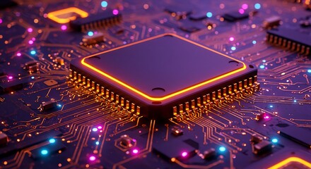 Closeup of a central processing unit cpu on a circuit board with glowing orange and blue lights, representing technology and data flow