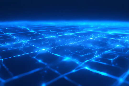 Immersive Futuristic Digital Grid Surface with Glowing Neon Blue Nodes and Lines, Representing Global Network Connectivity, Big Data Transfer, Blockchain Technology, and Digital Cybersecurity Concepts