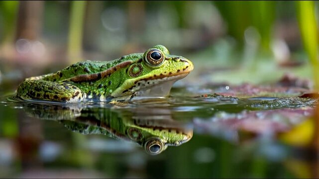 Green frog floating in pond water with natural habitat reflection