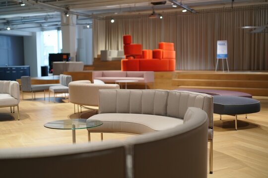 Expansive party hall with modular seating and studio lighting ambiance.