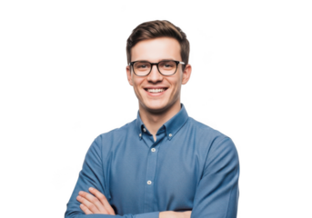 A smiling young man with short brown hair wearing glasses and a blue collared shirt with arms crossed isolated on transparent background