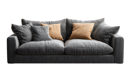 Plush dark grey sofa with accent pillows isolated on transparent background