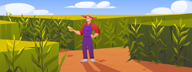 Obraz premium Man farmer with corn cob in hand on corn field, vector cartoon rural summer landscape, vegetable harvest, farm product