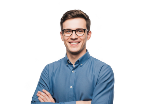 A smiling young man with short brown hair wearing glasses and a blue collared shirt with arms crossed isolated on transparent background