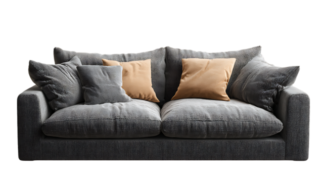 Plush dark grey sofa with accent pillows isolated on transparent background