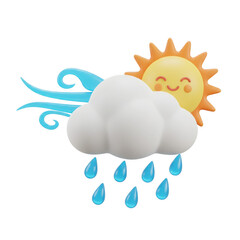Cute sun behind cloud with wind and rain, weather icon isolated on transparent background