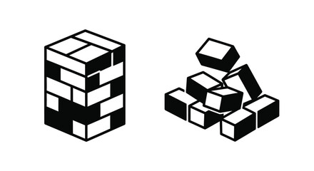 Black and white illustration of stacked and disarranged cubic geometric shapes