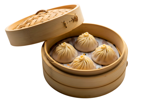 Gourmet steamed dumplings in a traditional bamboo steamer basket isolated on transparent background