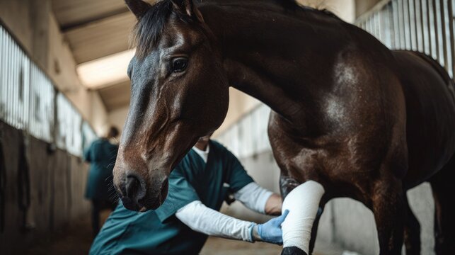 A veterinarian treats a brown horse with a bandaged leg in a stable. The horse stands calmly while the vet examines its injury