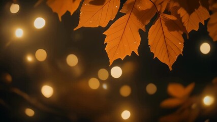 Close-up of backlit autumn leaves with bokeh lights. - Powered by Adobe