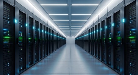 Modern data center server racks hallway with blinking lights