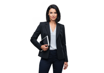 Professional businesswoman in a dark suit holding a tablet computer confidently isolated on transparent background