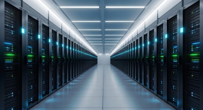 Modern data center server racks hallway with blinking lights