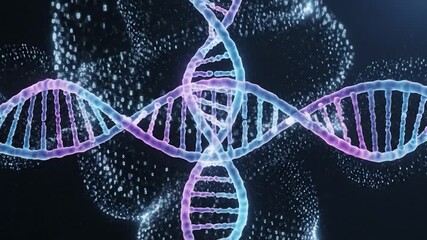 Animated 3d helix structure of dna molecule with glowing binary code and particles science - Powered by Adobe
