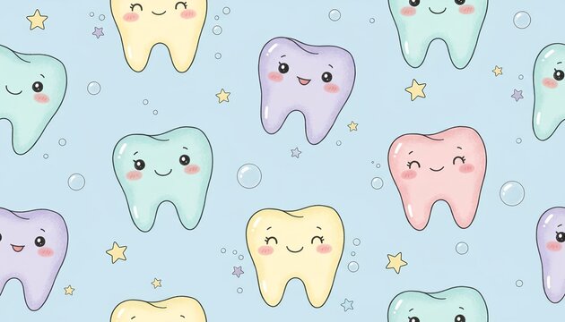 Cute Seamless Tooth Pattern with Smiling Cartoon Teeth, Stars and Bubbles on Light Blue Background