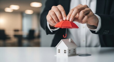 Hand Holding Protective Umbrella Over Miniature House. hands is holding a small red umbrella over a miniature white house. Represents insurance, risk management, financial protection, property safety