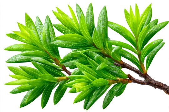 Green plant branch with fresh wet leaves and water drops