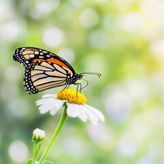 Close-up of a monarch butterfly perched on a daisy flower against a blurred green background