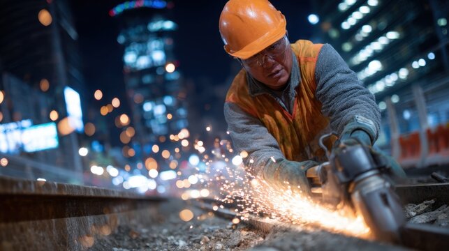 Workers repairing a construction site at night, scrap metal scattered around. copy space