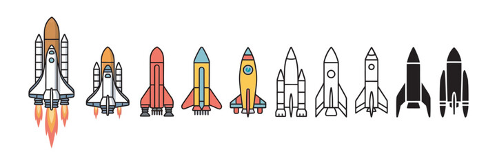 A diverse collection of cartoon, outline, and solid black rocket ship icons, symbolizing space travel, innovation, and startup launch. Vector