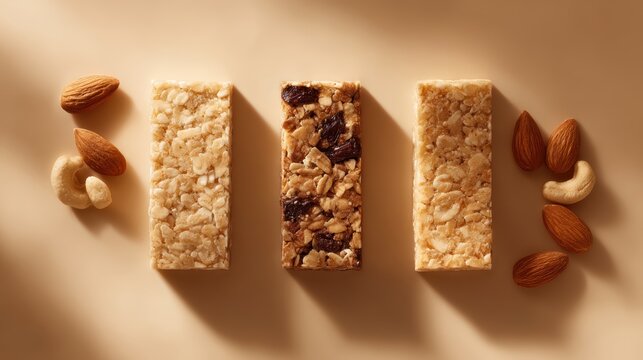 386. healthy snack bars arranged in flat lay composition, advertising mood, dramatic key light, ample space for text, ideal for commercial use