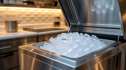 Ice machine filled with ice cubes in a kitchen setting, showcasing the convenience and efficiency of modern ice making technology for home or commercial use