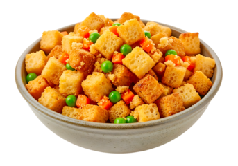 Classic holiday stuffing with croutons, peas, and carrots in bowl isolated on transparent background