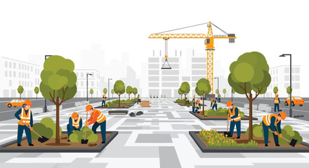 Urban landscaping project with construction workers planting trees and flowers near a city skyline and crane