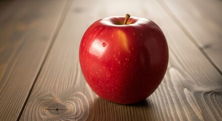 Fresh red apple on a wooden table with natural light and shadows