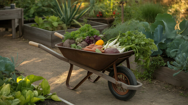 A wheelbarrow full of freshly harvested vegetables sits in a garden with raised beds and lush greenery on a sunny day in the countryside
