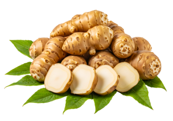 Fresh jerusalem artichokes with sliced sunchokes on green leaves isolated on transparent background