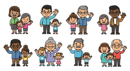 Diverse families waving hello cheerful cartoon characters