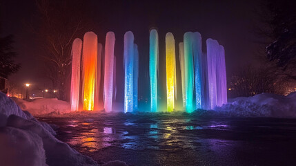 Colorful illuminated fountain at night, cheerful mood with vibrant rainbow lights and snowy surroundings