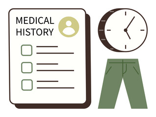 Medical history form with checkboxes, clock displaying time, and green pants. Ideal for health, record-keeping, time management, personal care, medical routines, lifestyle simple flat metaphor