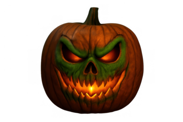 Halloween jack-o'-lantern with a scary carved face and glowing light, suitable for autumn festivals and spritual concepts