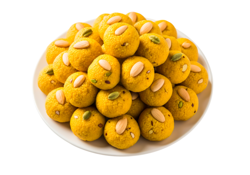 Indian traditional sweet motichoor laddu on plate with almonds isolated on transparent background - Powered by Adobe