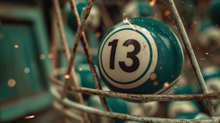 Aged Bingo Ball Number Thirteen in Cage