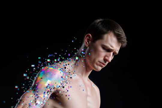 Conceptual art of man in phantom shoulder pain: body dissolving into digital pixels as a metaphor for chronic pain, neuropathy, or digital overload - Powered by Adobe