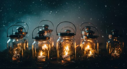 Candlelit Lanterns Aglow in a Winter Wonderland with Gentle Snowfall