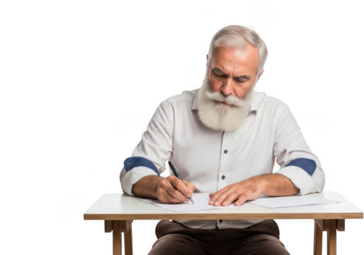 Elderly man with a long white beard wearing a white shirt intently writing on a paper at a desk isolated on transparent background - Powered by Adobe