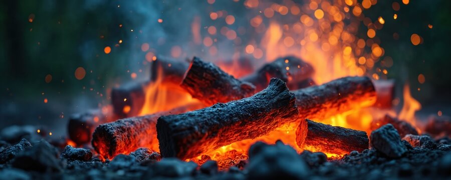 Burning logs glow with hot orange flames and sparks rising in dark night forest. Warm campfire embers smolder with ash floating in air creating bokeh effect. Outdoor wood fire burns bright.