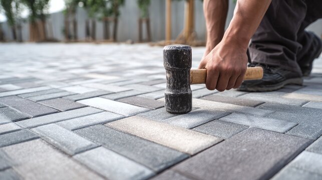 The image shows a craftsman installing paving stones, methodically hammering them into place. The interlocking pattern creates a durable and aesthetically pleasing surface. The