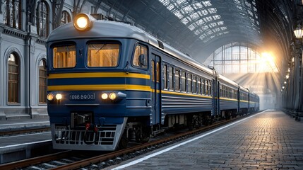 Passenger train at station platform with sunset light